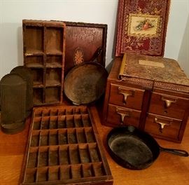 Potpourri of old stuff! Printers box, old wooden 4 drawer file, skillet, 