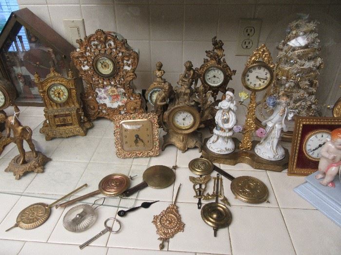 Huge clock collection vintage clocks, porcelain, cast, wood, around 100 clocks! New Haven Clock Co., Westclock, Aristocrat, Benedict, Hour Lavigne, and more!