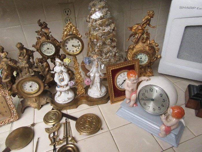 Huge clock collection vintage clocks, porcelain, cast, wood, around 100 clocks! New Haven Clock Co., Westclock, Aristocrat, Benedict, Hour Lavigne, and more!