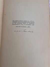 Author's signature and Edition number. (A Book Hunter's Holiday, ASW Rosenbach. Houghton Mifflin Company 1936. Signed Limited Edition.)