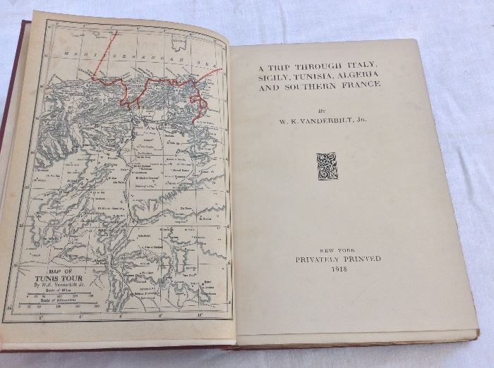 Title page and map of motor route. (A Trip Through Italy Sicily Tunisia Algeria and Southern France by Motor, WK Vanderbilt, Jr. Privately Printed. 1918.)