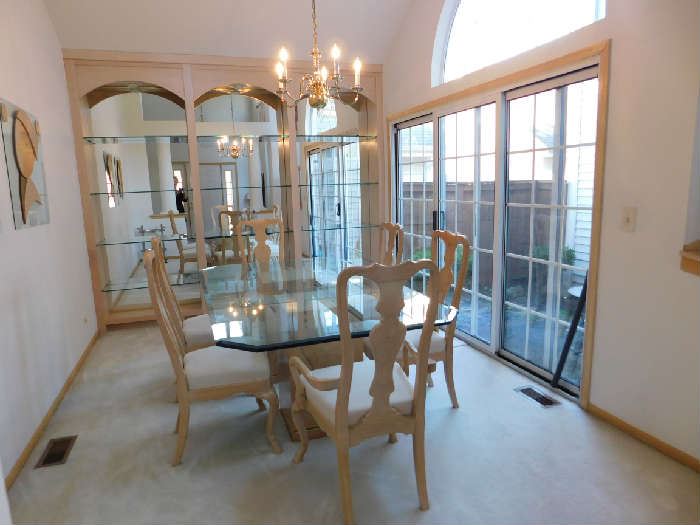 Stunning Dining Room Table and chairs: Glass and 2  Pedestals Table and 6 chairs