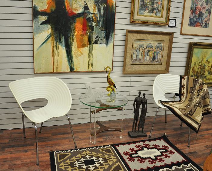 Midcentury Tom Vac chairs (there are 4 available), lucite and glass table, vintage Murano heron, large well executed midcentury painting (late 1960s) by student of Elizabeth Sasser that is still an active architect and artist today.