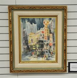 A very interest Clarence Kinkaid watercolor of an Asian street scene
