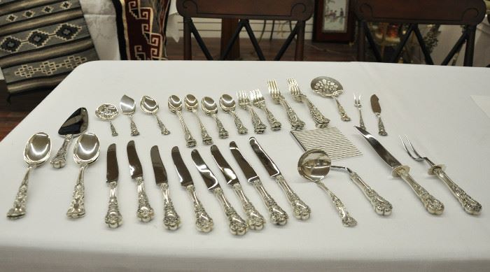 Gorham Buttercup sterling silver flatware - 55 piece service for 8 - 5 piece place settings and a nice assortment of serving pieces - excellent condition in a drawer