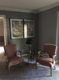 Pair of French Country Parlor Chairs.  Wrought Iron & Glass Side Table.