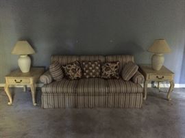 Sofa.  Pair of Hekman French Country Side Tables.  Pair of Lamps.