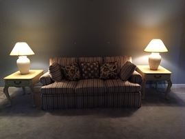 Sofa.  Pair of Hekman French Country Side Tables.  Pair of Lamps.
