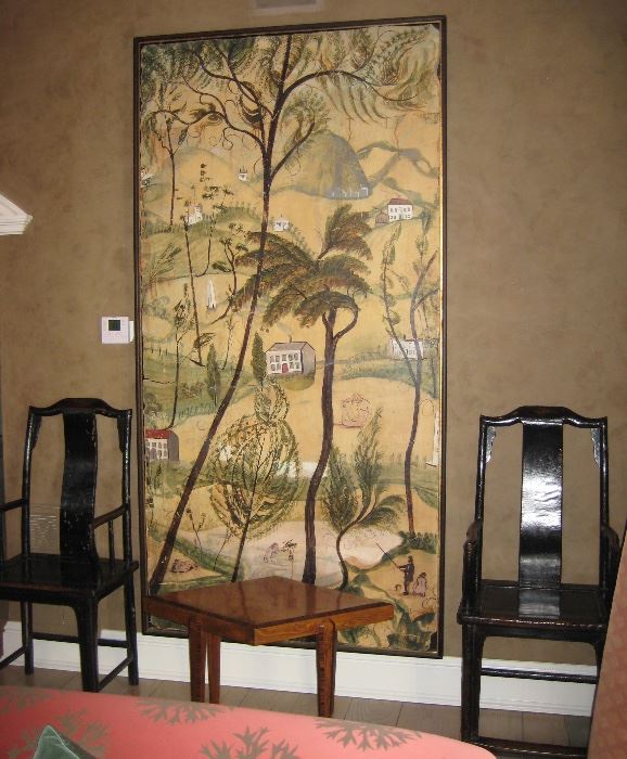 18th C. Pair of Chinese Chairs & Folk Art Painting 