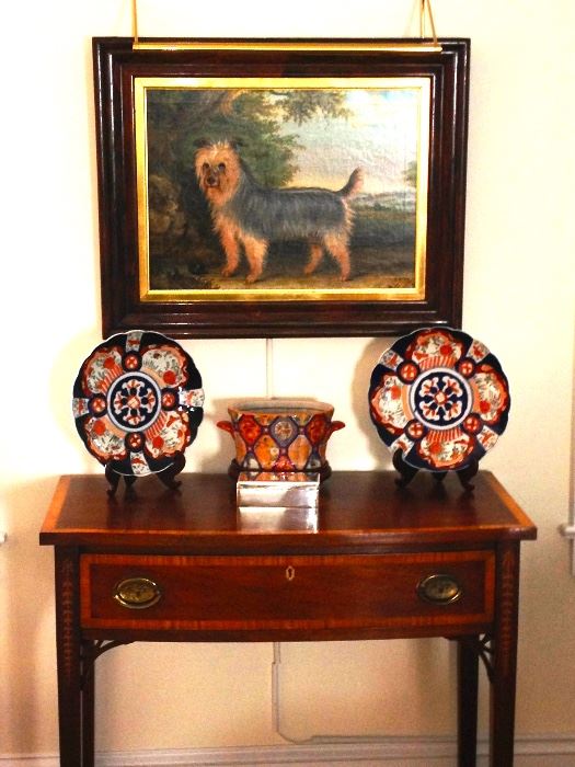 Pair of Antique Federal Mahogany Side Tables, Two Dog Paintings 