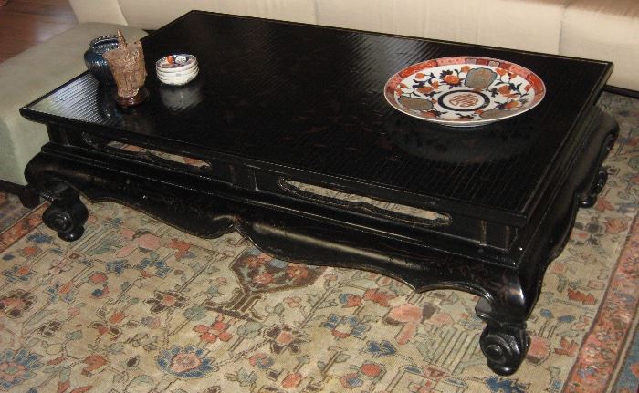 Period Chinese Low Table with Gilt Painted & Black Laquered Surface 