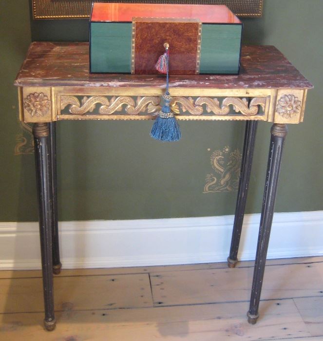 Pair of 19th C. French Gilt & Carved Side Tables with Faux Marble Painted Tops