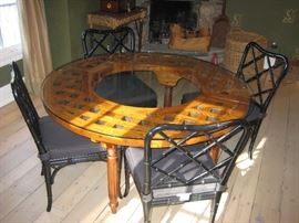 Pair of Demilune Hatch-Topped Tables with Glass, Four Chairs