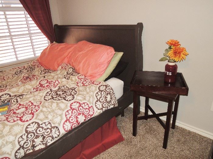 Chalk painted queen-size bed with head & footboard & rails.      Full-Double mattress set on Frame.  Many end and side tables
