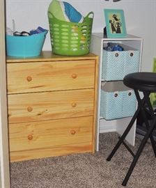 Closet organizers & baskets in all sizes & fabrics. Small 3-drawer chest.  Music chair