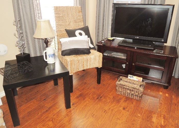 Selection of small occasional tables. Solid wood storage coffee table.  Rope-Sisal Side Chair. Media TV Cabinet. 32" Sony TV.  Lamps and throw pillows 