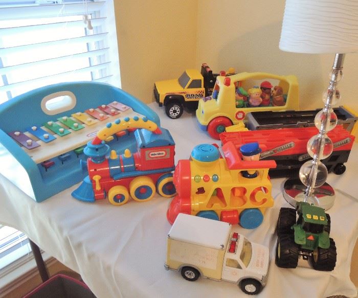Classic toddler toys, cars, trucks, dolls, music, dress up