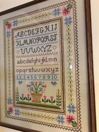 Many framed cross stitch pieces, vinatge and contemporary