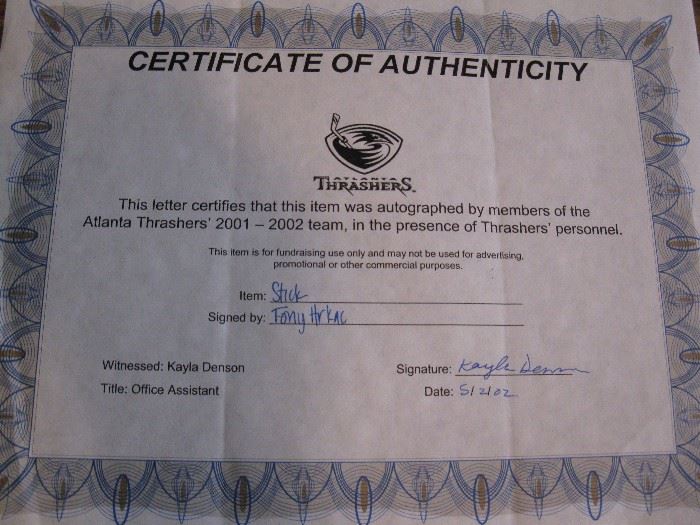 Certificate of Authenticity - Atlanta Thrashers hockey stick
