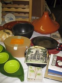 Tahini, peapod condiment set, collectible tiles and trivets, fajita pans, Crate and Barrell cheese plate set of 6