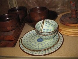 Walnut salad bowl set, Teak condiment servers, wooden chargers, asianware