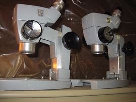 2 Spencer dissecting microscopes, large collection of antique brass microscope objectives and oculars, rare microscope slide inscribing set. 