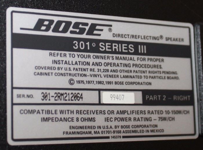 Bose Speaker Pair 301 Series III

Overall very good condition, adult owned, no smoking, no pets.
