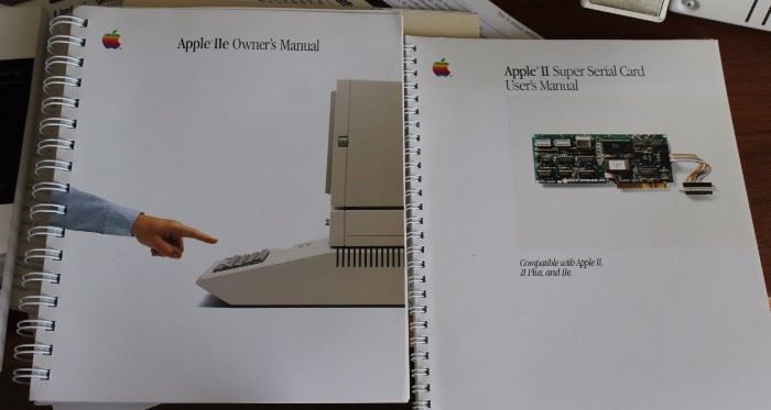 Complete 1980s Apple Computer Setup

Comes with:
Apple IIe computer with what appears to be all original documentation, including large-bound Apple IIe Owner's Manual
Apple II Super Serial Card User's Manual
Apple IIe Extended 80-Column Text Card Manual
ImageWriter II printer and owner's manual
2 Apple 5 1/4" floppy disc drives. Model No. A9M0104
Apple ColorMonitor 2e. Model No. A2M2056, Manufacture date of October 1986.
Apple II UniDisk Owner's Manual
Original Apple IIe Box
even comes with original stickers!