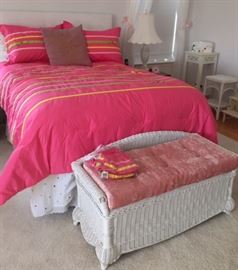 Double Bed Complete with white Ultra Suede Headboard and Beauty Rest Black Label Mattress $295.    40" wide White Wicker Storage Bench with Pink cushion $50.00                                                                                     