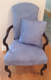 Blue Ultra Suede Open Arm Chair (re uphl. older chair) with cushion.       $125.00   matching round foot stool (not shown) $35.00