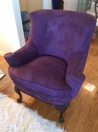 Vintage re-uphl Carved leg "Rolled Arm" Wing Chair in Plum Ultra Suede and "Button" Uphl     $195.00