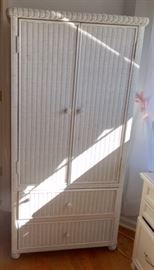 White Wicker Armoire 32"w X 20"d X 68"t with 2 drawers and 2 doors and interior rod.         $125.00