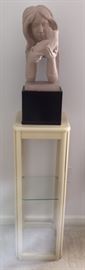 Sculpture of "Girl with Cat" on black Base     $50.00   also shown 3' tall Pedestal 12"sq glass top and shelf $25.00