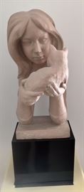 close up of "Girl with Cat" sculpture on Black base $50.00