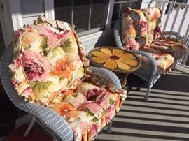Pair Plastic Wicker outdoor Love Seat and Arm Chair with new Cushions              $100.00 all  table separate 