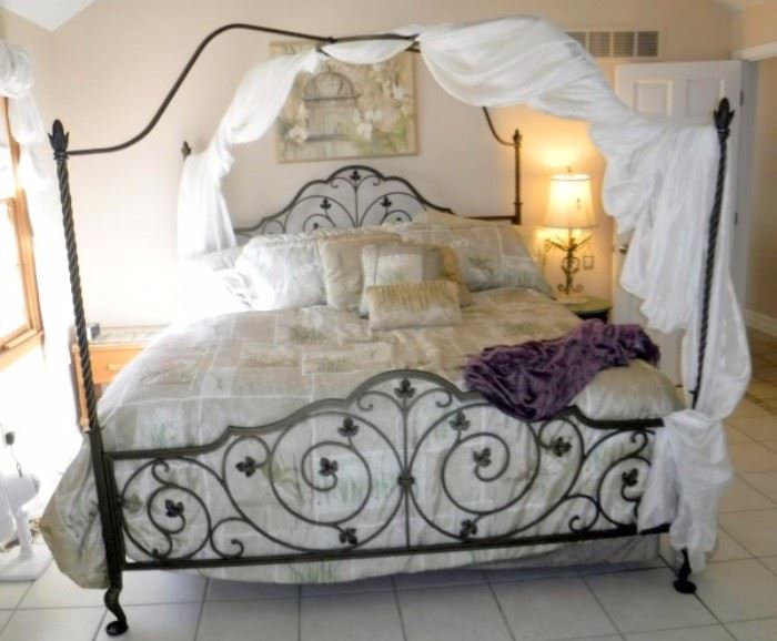 King Size Metal Canopy Style Bed, Ivy Pattern Bedding, Includes Southerland Mattress Set