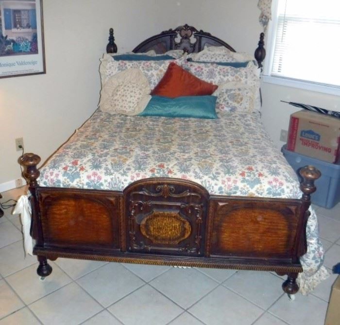 Antique Heavily Carved Full Size Poster Bed With Stearns and Foster Mattress Set and Bedding