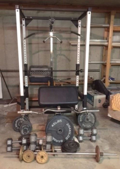 Tuff Stuff Weight Rack and Home Gym, 2- 45lb Wt, 2- 35lb Wt, 4- 10lb Wt, 4- 25lb Wt, 6- 5lb Wt, 2- 2lb Wt, 2 Barbells, 1 Curling Bar, 2- 35lb Dumbbells, 2- 40lb Dumbbells, 2- 20lb Dumbbells