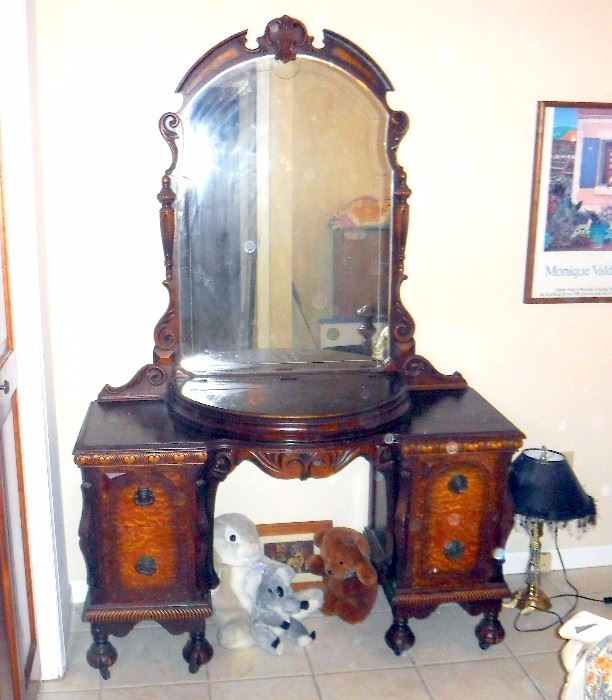 Antique Heavily Carved Vanity/Dressing Table With Four Drawers, Half Moon Lift Top Storage Compartment, Beveled Mirror 70"T x 48"W x17.75D