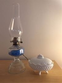 Milk Glass dish and Hurricane Lamp