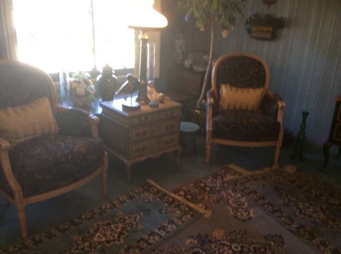 2 MATCHING PROVENCIAL CHAIRS ATOP WOOL RUGS