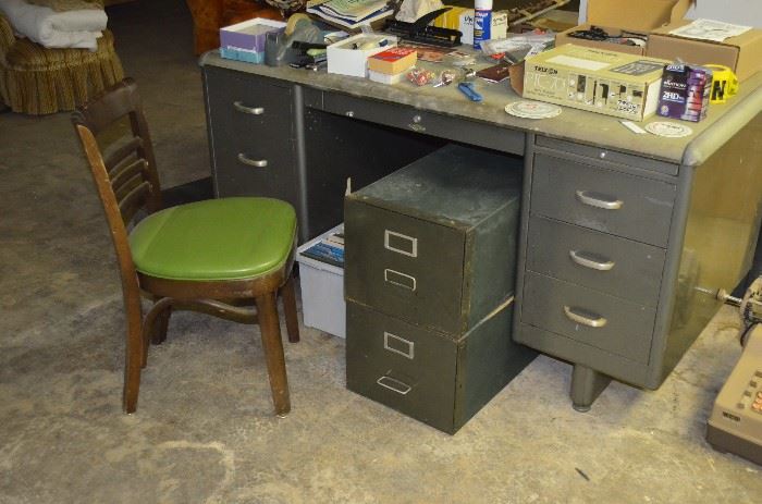 Metal Office Desk, Chair and Filing Boxes