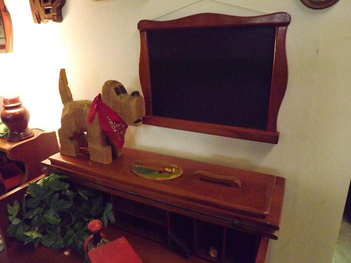 Maple-framed blackboard, hand-crafted dog with bandana