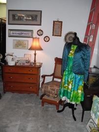 Victorian rocker, foot stool, dresser, brass lamp; vintage dress, slip, and blazer