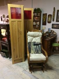 Oak room divider/screen with glass inserts; oak glider rocker with cushions