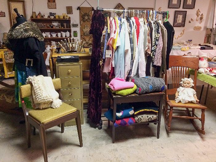 Vintage clothes, mid-century sewing chair (seat lifts up for storage) and 5-drawer metal cabinet, Ideal Dolls doll, antique rocker with cane seat