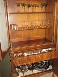 French country china cabinet with highly figurative maple and mahogany inlays