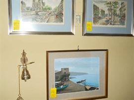 brass bell & framed art