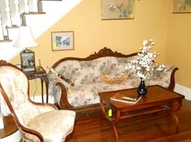 Victorian style chair, ball & claw foot table, tin tie caddy lamp, vintage sofa, coffee table, framed art,