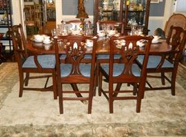 Henkel Harris dining room table w/3 leaves and pads, 6 chairs, Royal Albert china, large room size rug, etc.